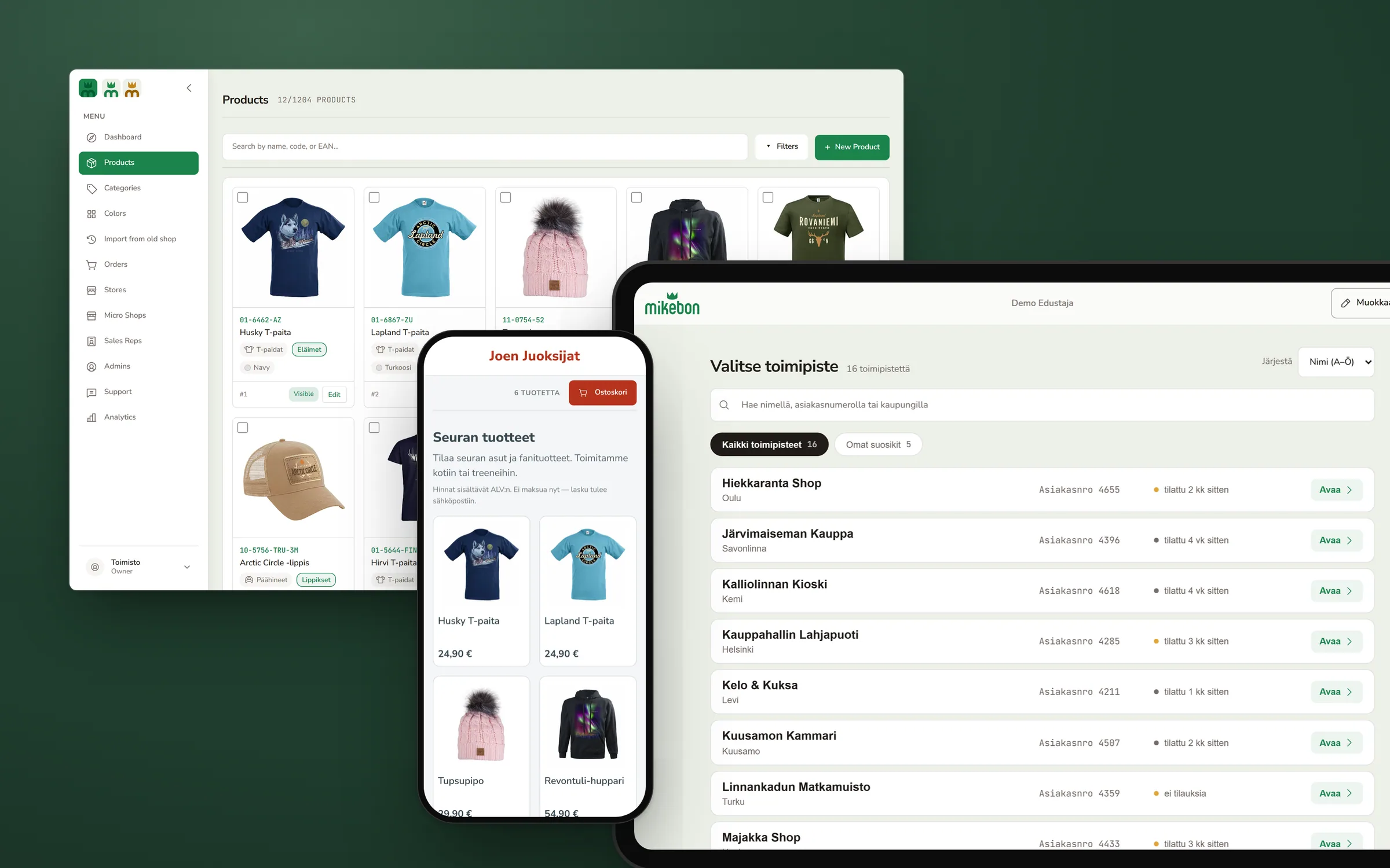On a deep green stage, three parts of the Mikebon system: the office admin’s product list with T-shirts and a beanie, a phone showing a red club shop, and the sales reps’ tablet with its store picker bleeding off the right edge.