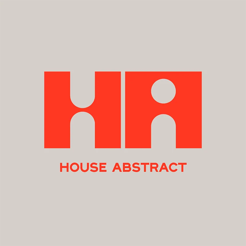 House Abstract logo: a bold red H and A merged into one block shape above the name in red capitals, on warm grey.