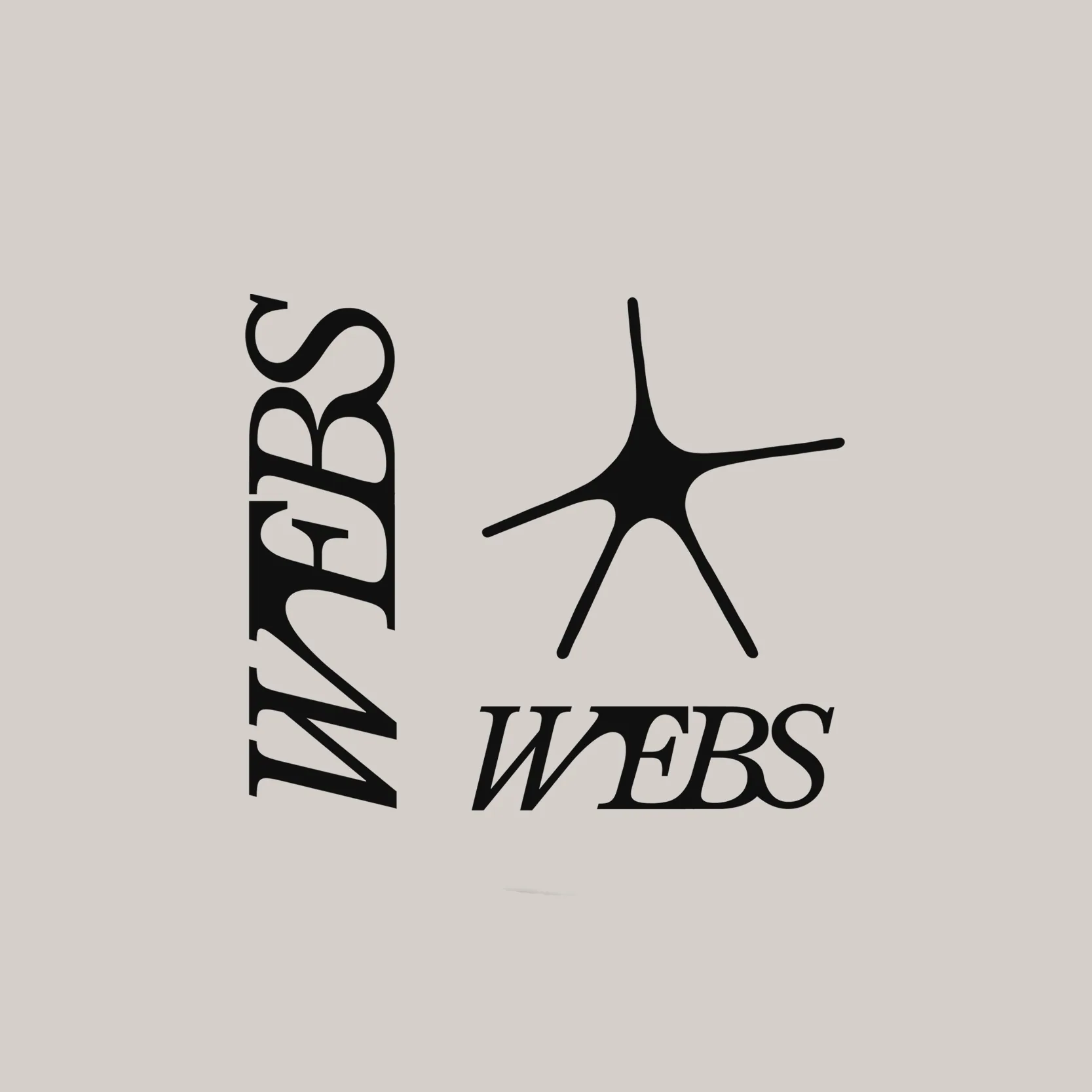 Webs identity: a vertical WEBS wordmark in a high-contrast serif next to a hand-drawn black mark with thin radiating legs.