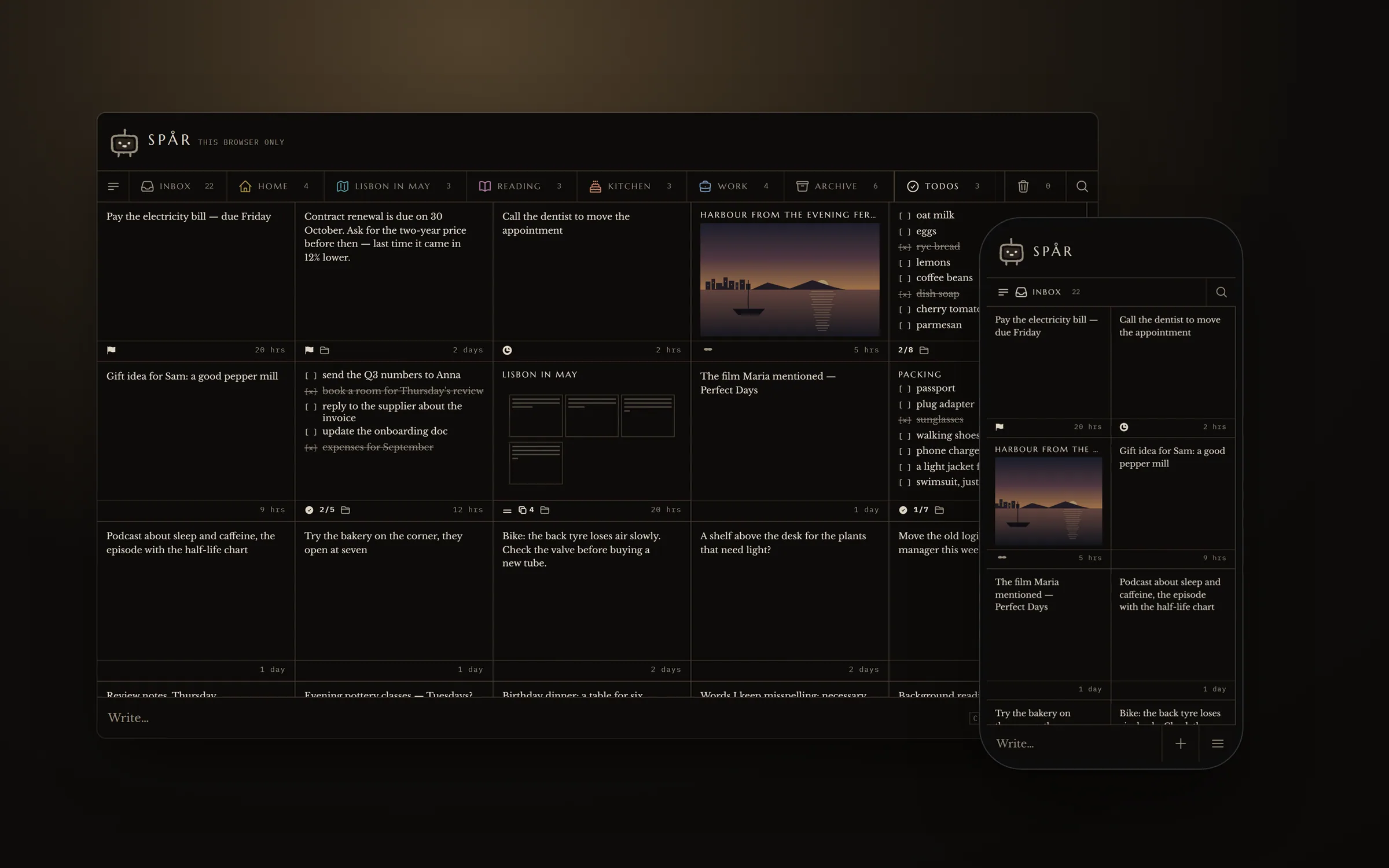Spår in a pool of amber light on a warm black stage: the desktop board as a flush grid of short serif notes drawn with hairlines, folder tabs along the top, and a phone showing the Inbox at the right.