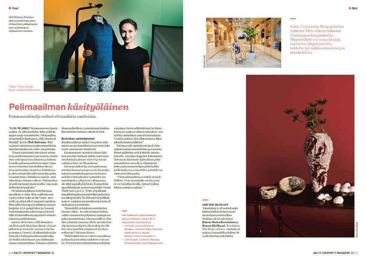 News pages spread with a portrait of a costume designer beside a mannequin, a three-column article, a shop interior photo and a photo of ceramic vases on a red wall, each section marked with a small red dot label.