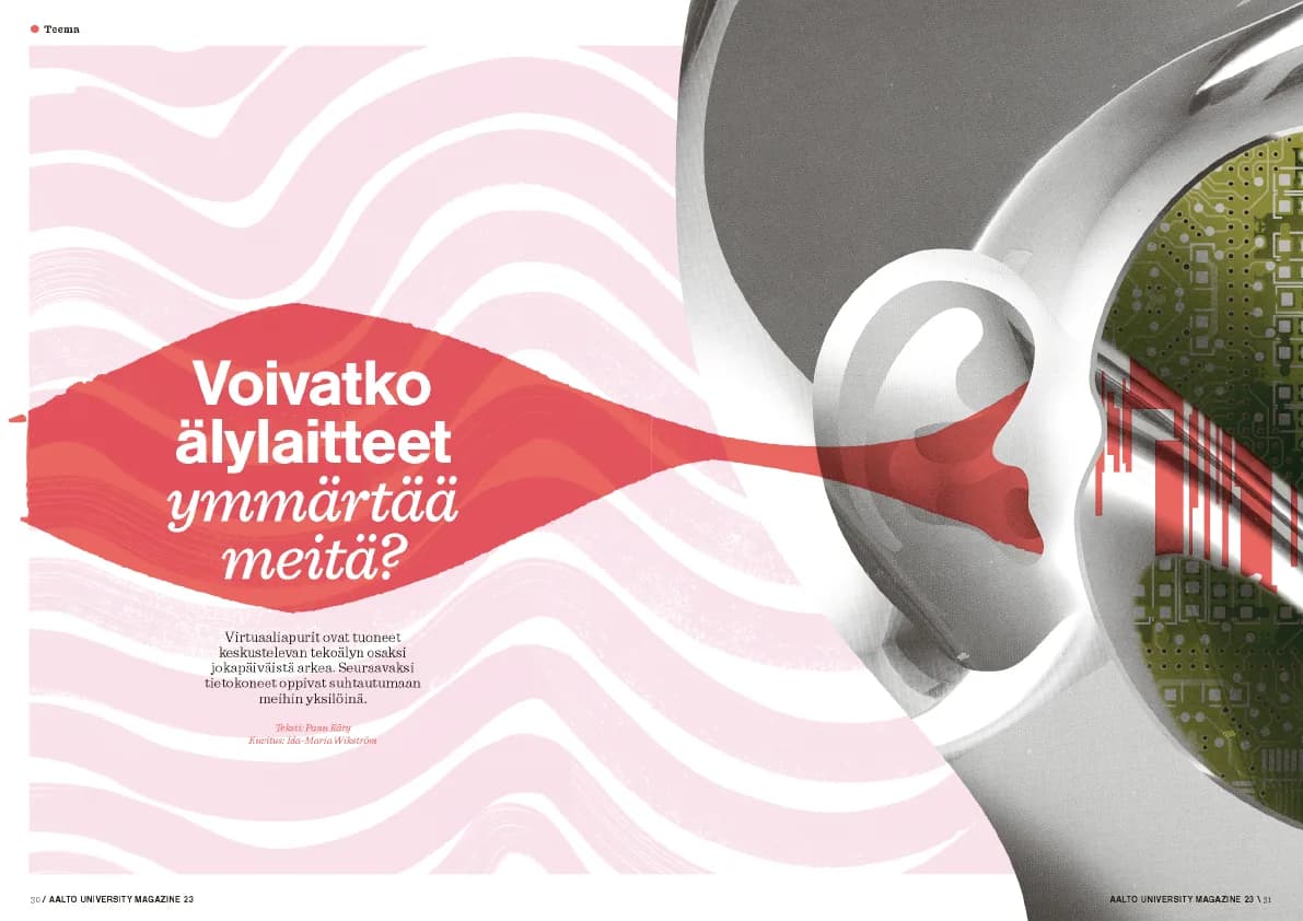 Feature opening spread: the headline “Voivatko älylaitteet ymmärtää meitä?” in bold sans and italic serif inside a red leaf shape on a pink wave pattern, flowing into a grey illustration of an ear with circuit boards.