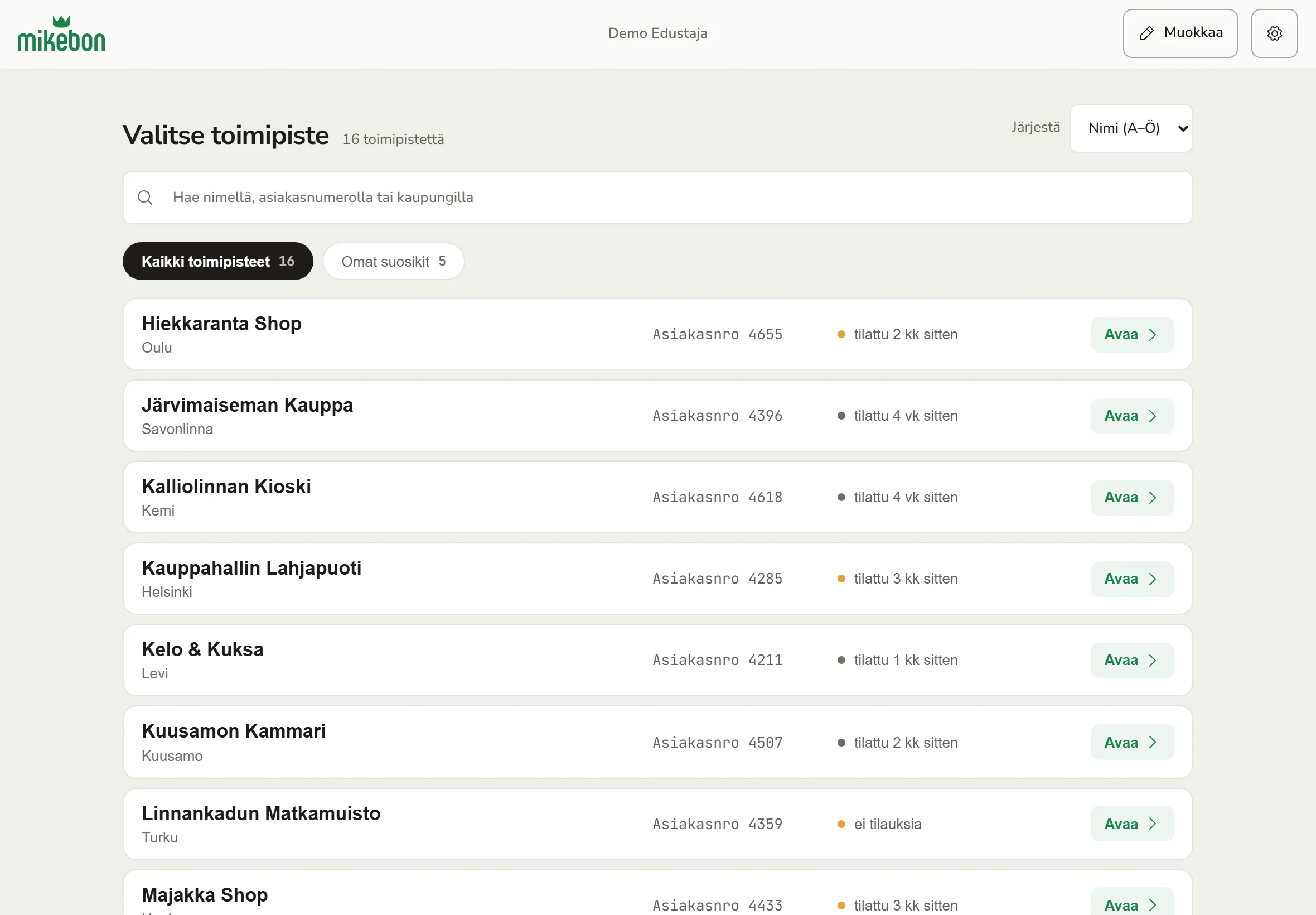 New store picker: one column of store rows with aligned columns for customer number and order recency, filter chips above, and a sort control.