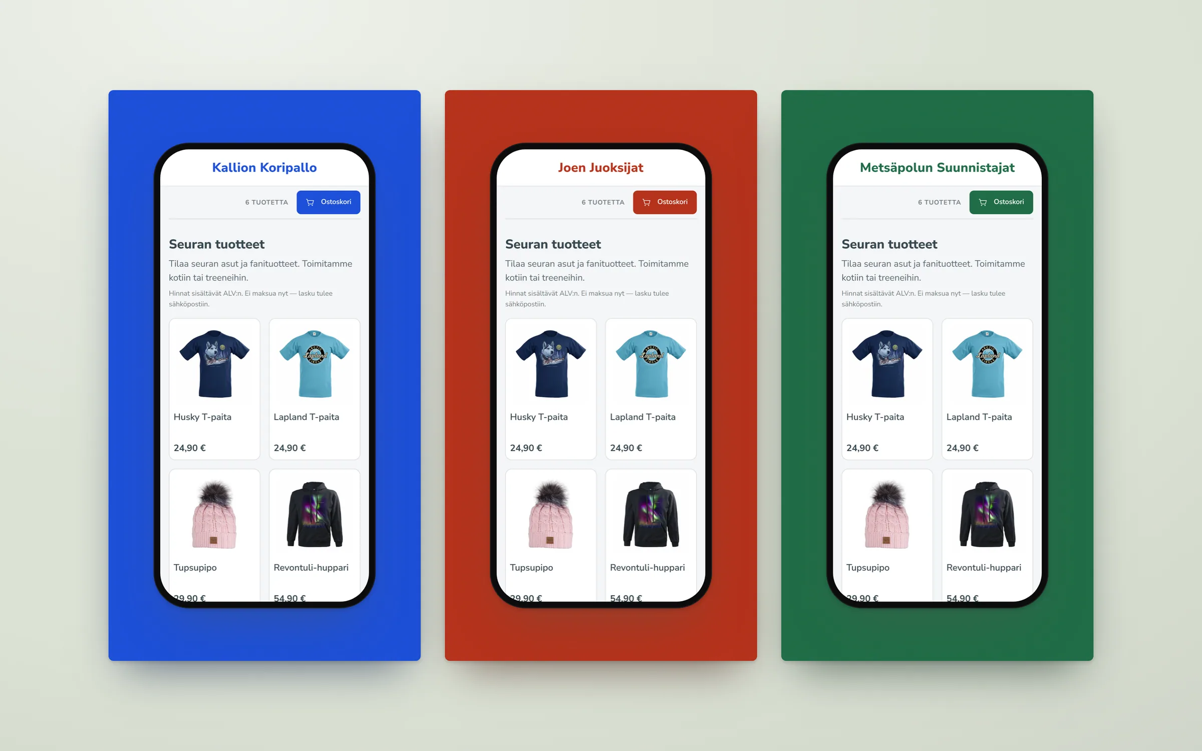 Three phones showing the same club-shop page, each on a tile of its own brand colour: blue, red and green. Only the club name and the basket button change colour; the layout and product cards are identical.