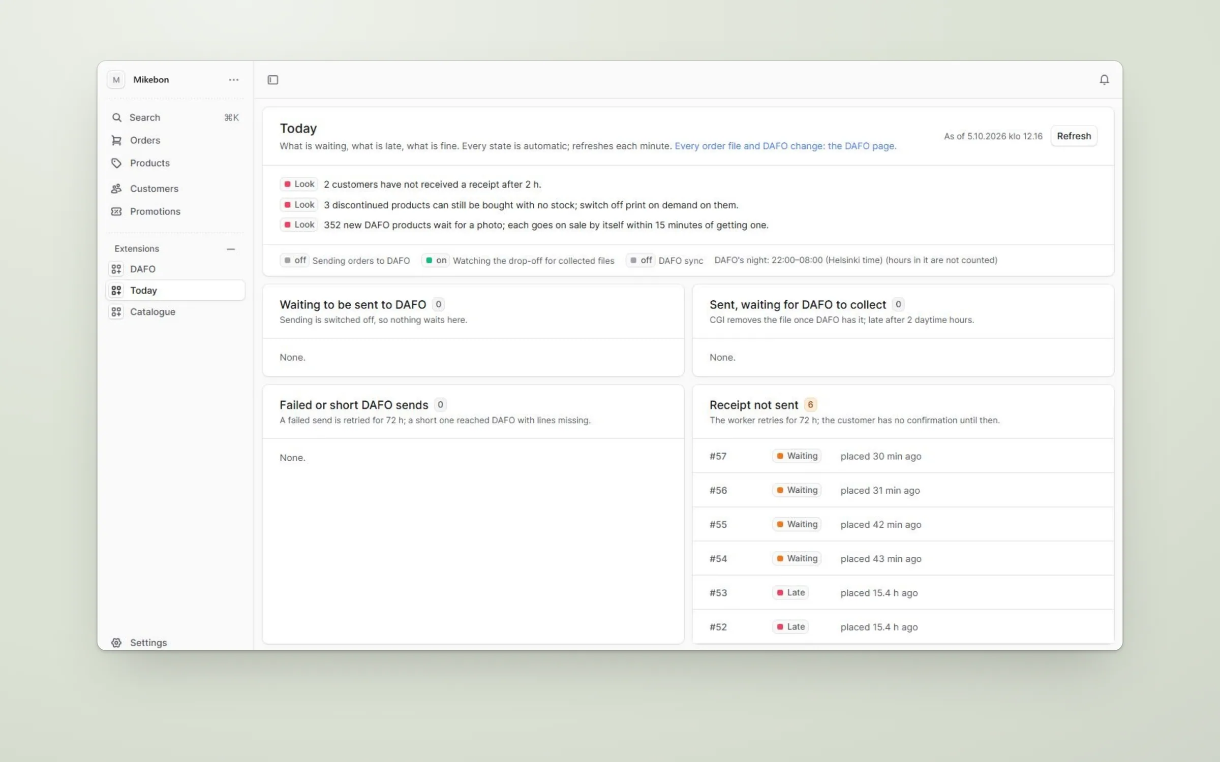 The consumer shop’s office page “Today” on desktop: a short list of things to look at, switches for sending orders to DAFO and the DAFO sync, and cards for orders waiting to be sent, orders waiting for DAFO to collect, failed sends and receipts not yet sent.
