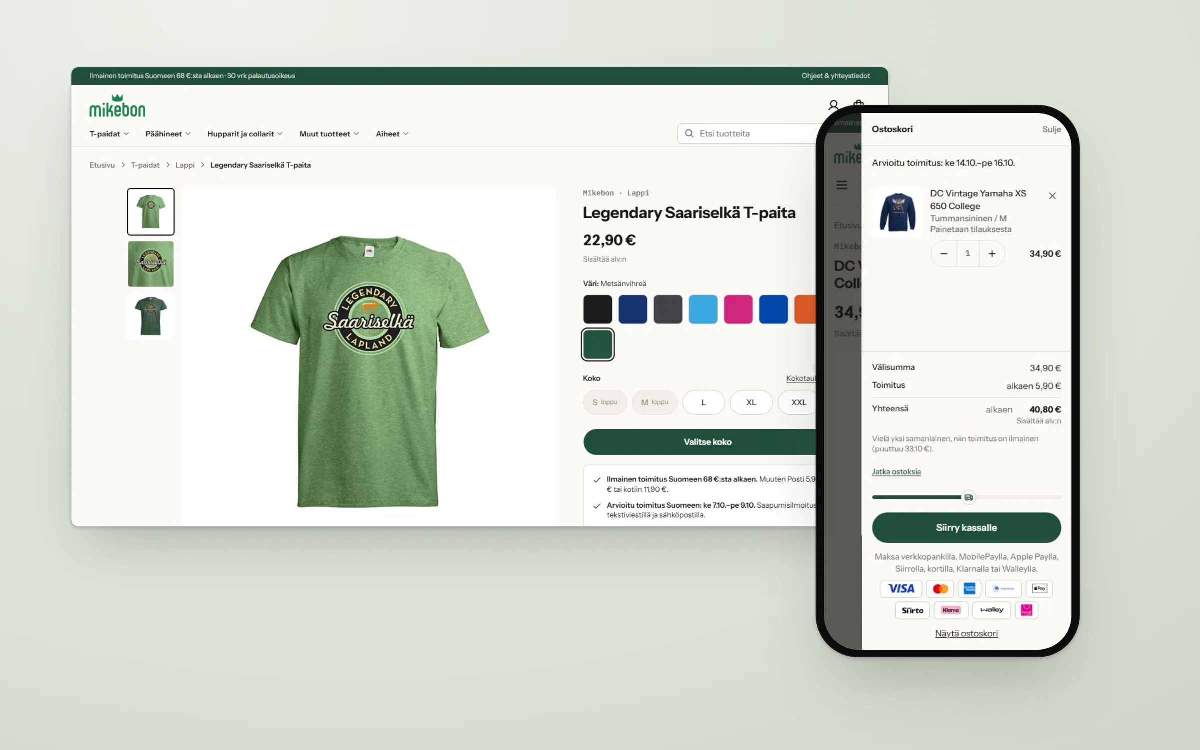mikebon.fi on desktop and phone: a green T-shirt product page with colour swatches and size buttons, and next to it the phone basket with an estimated delivery date, a free-delivery progress bar and a checkout button.