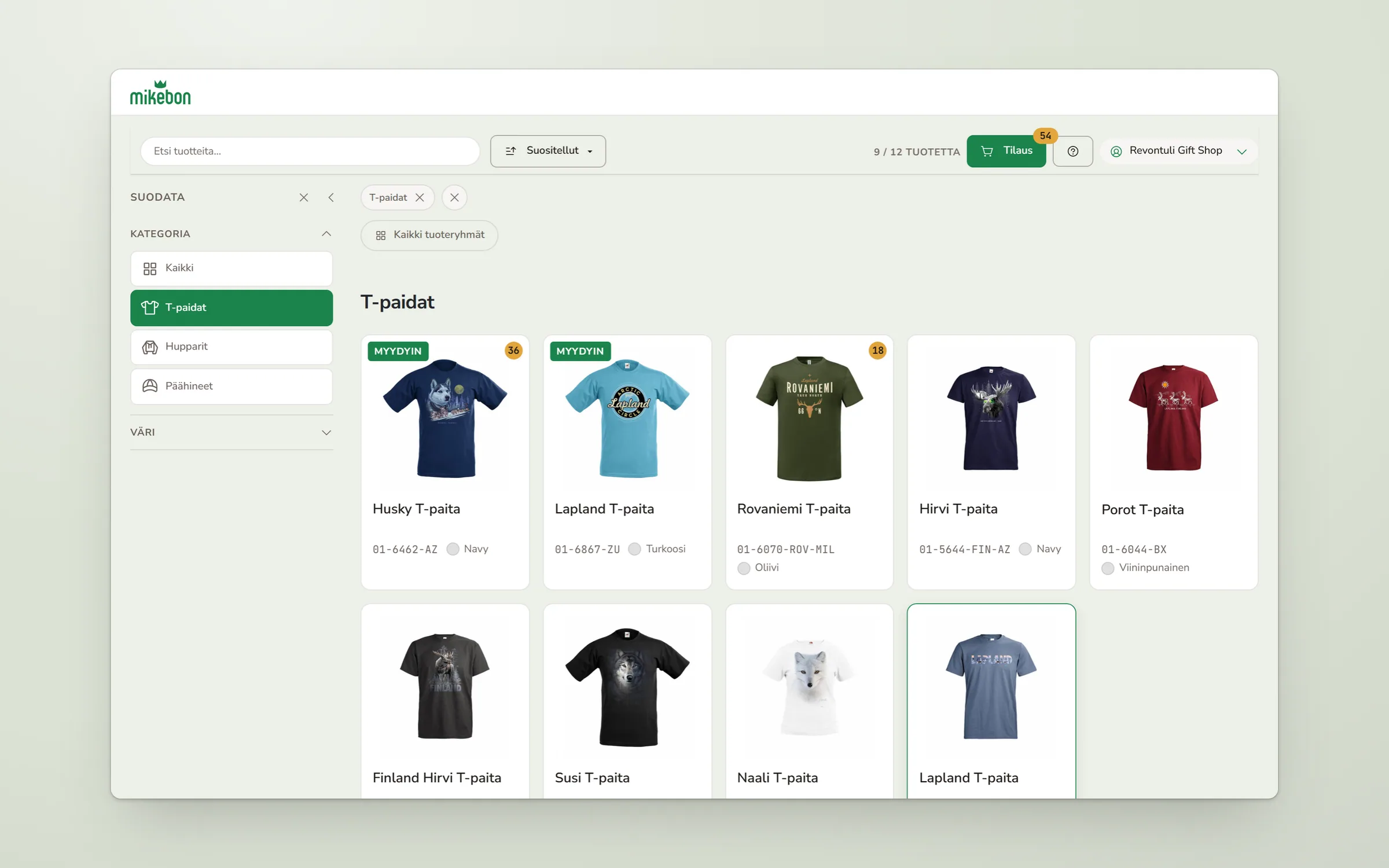 B2B store on desktop: category filters on the left, a grid of T-shirt cards with product codes and colours, small amber badges with quantities on two cards, and an order button with a count badge in the top bar.