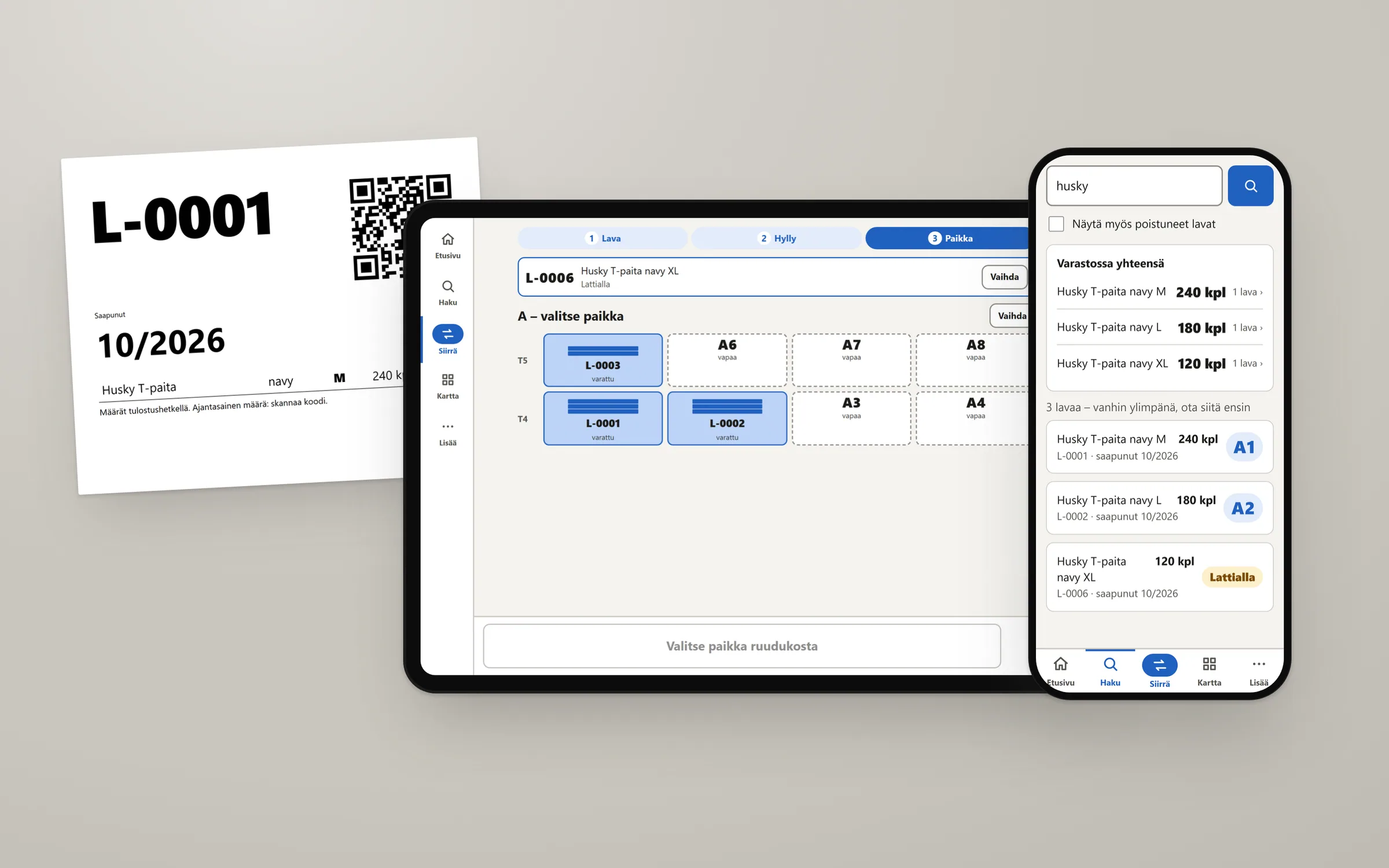 On a concrete-grey stage: a printed A4 pallet sheet with pallet number L-0001, a QR code and the arrival month 10/2026; the forklift tablet choosing a free spot in rack section A; and a phone search for “husky” listing stock totals and pallets with their rack addresses in large blue type.