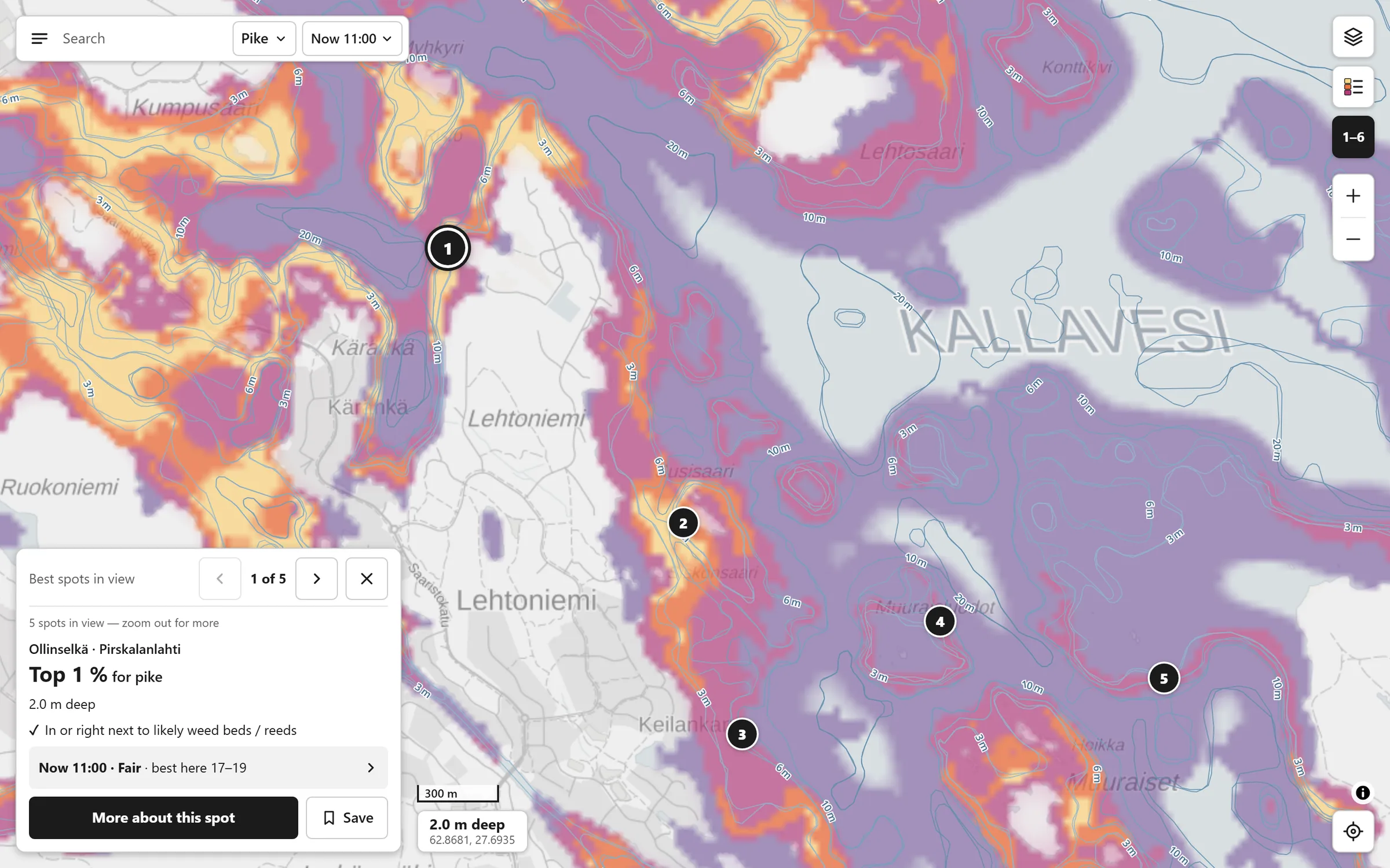 Nappa on a desktop screen: a lake near Kuopio coloured from purple to pale gold by how good the water is for pike, five numbered best spots on the map, and a card on the left reading "Top 1 % for pike".