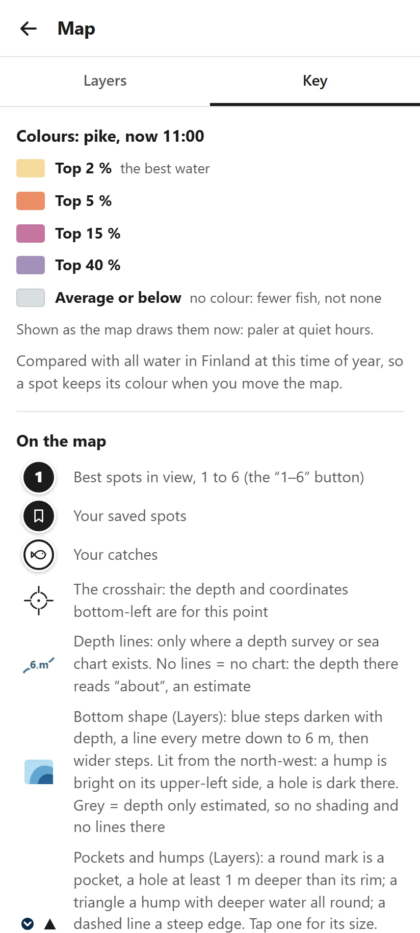 Map key page with Layers and Key tabs: four colour swatches labelled Top 2 %, Top 5 %, Top 15 % and Top 40 %, a grey swatch "Average or below: no colour, fewer fish, not none", and a list explaining the map symbols.
