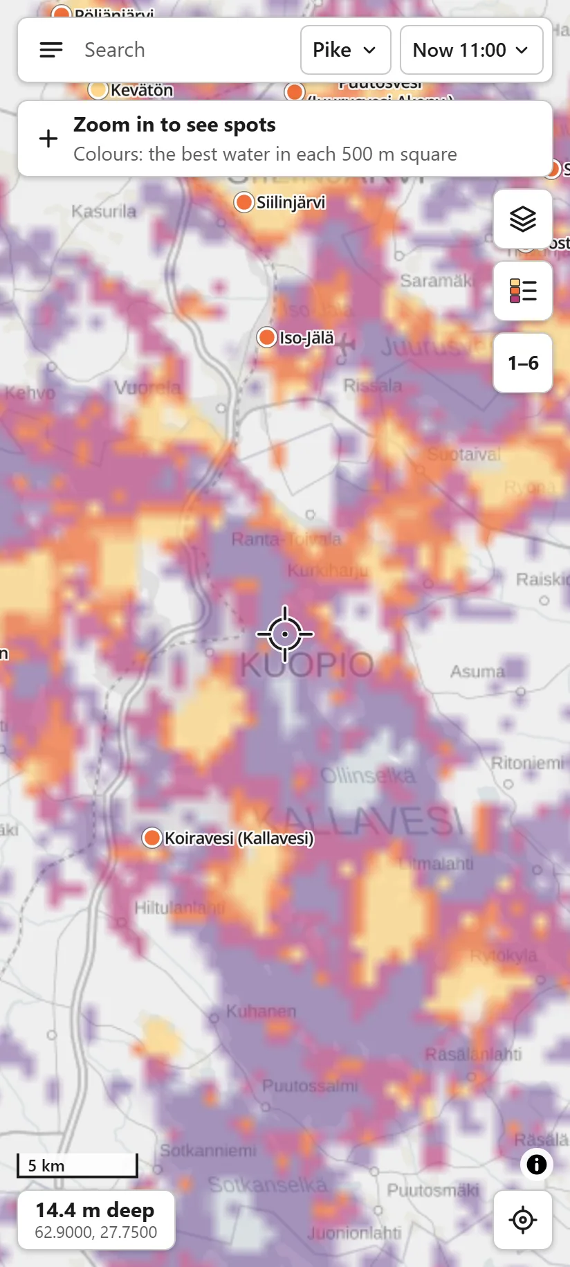 Zoomed-out map around Kuopio: coarse coloured squares across many lakes, orange dots marking stand-out lakes such as Iso-Jälä and Siilinjärvi, and a card reading "Zoom in to see spots".