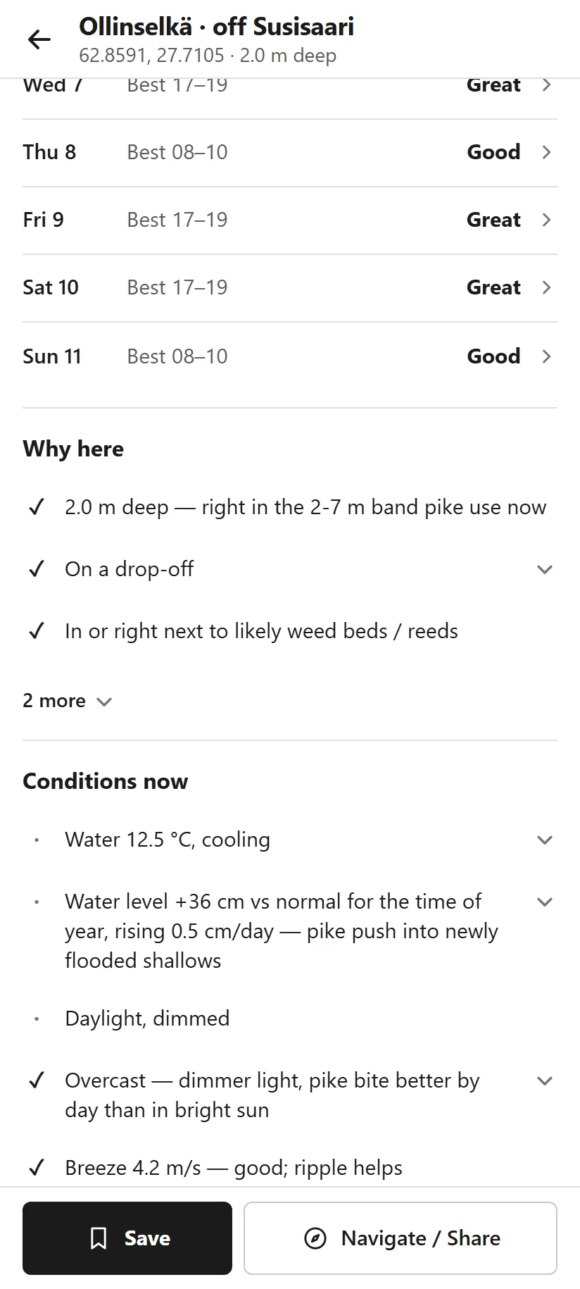 Spot page scrolled down: "Why here" with three ticked reasons (depth band, drop-off, weed beds), then "Conditions now" listing water temperature, water level, light, cloud and wind in plain sentences.