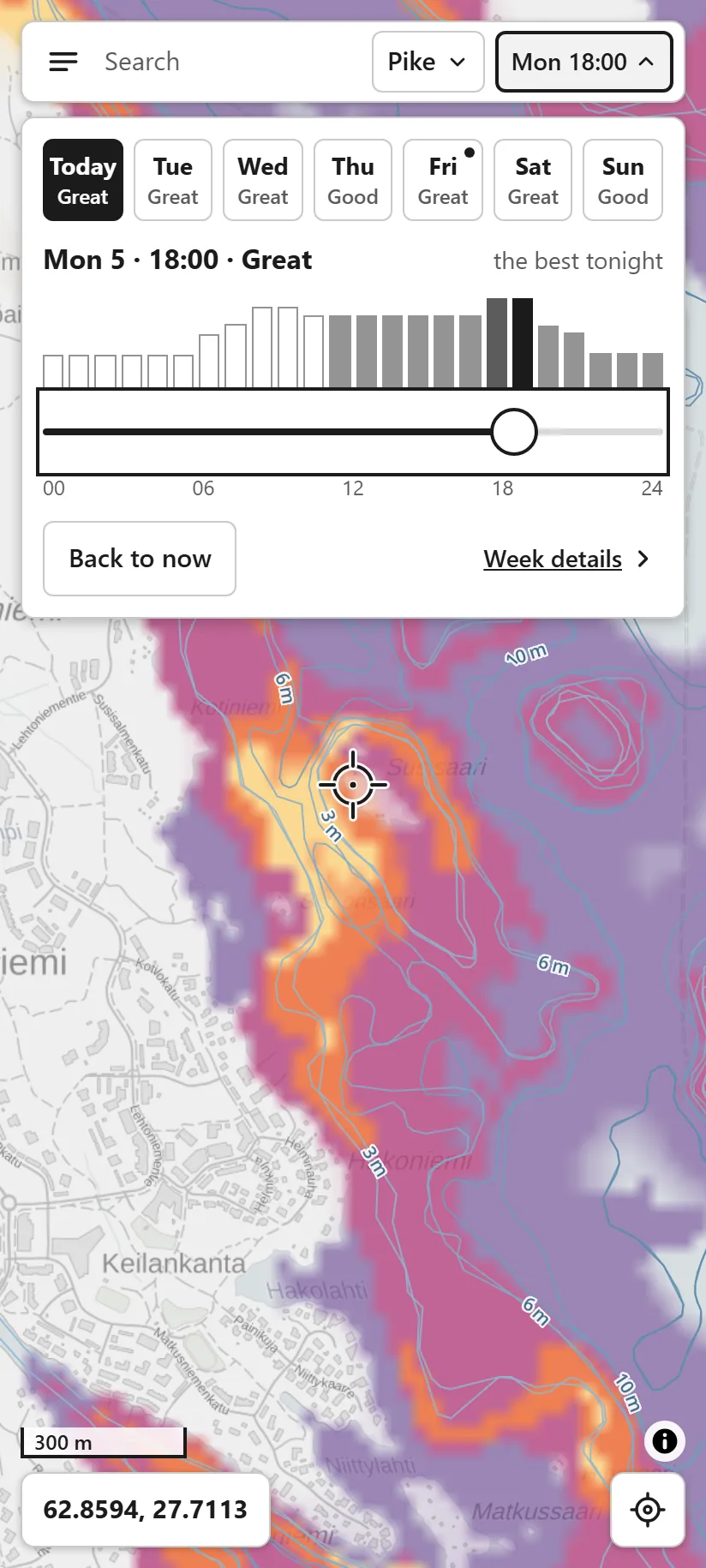 Time drop-down under the top bar: day buttons from Today to Sun each with a word such as Great or Good, the line "Mon 5 · 18:00 · Great · the best tonight", hour bars and a slider, with the coloured map below.