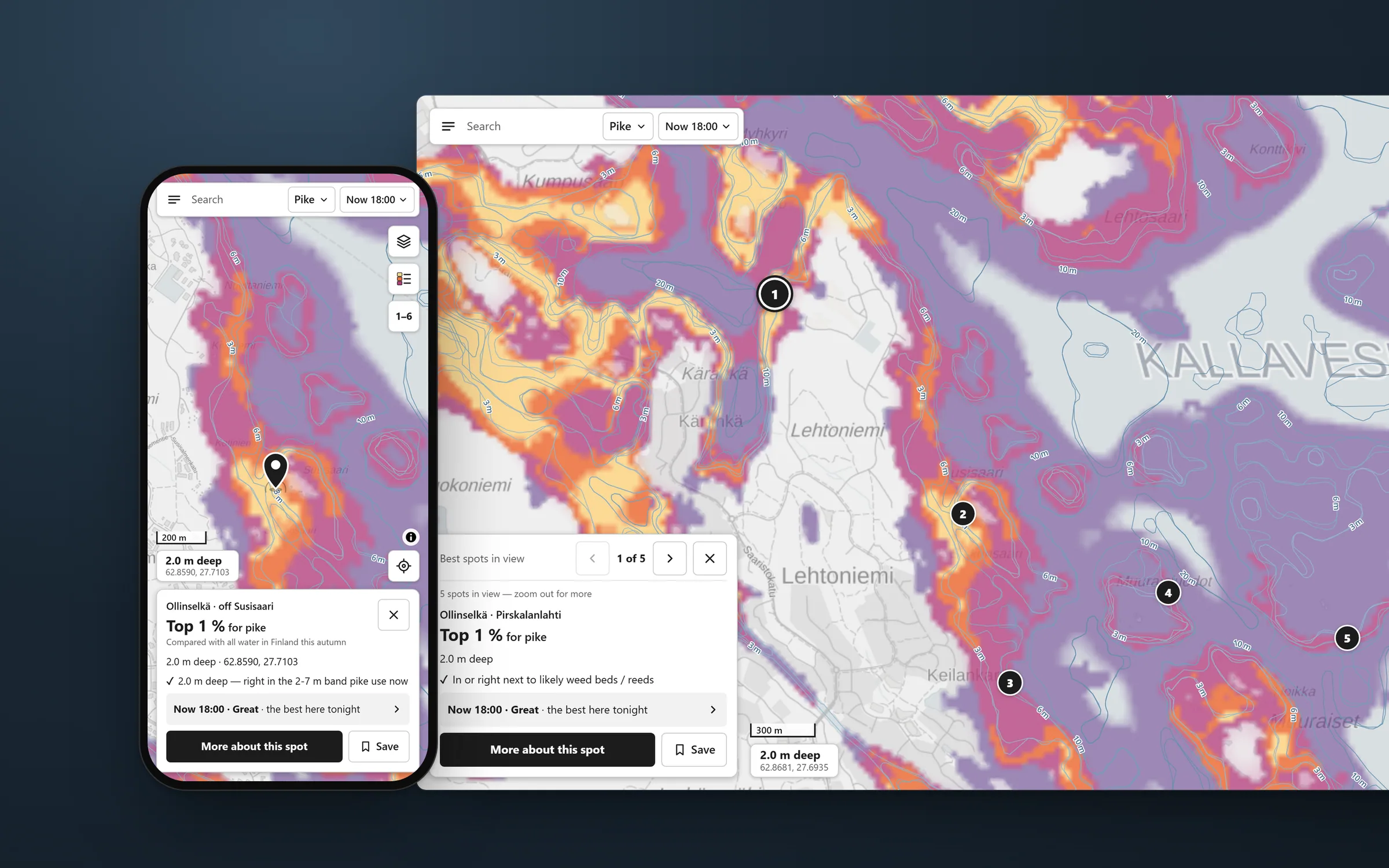Nappa on desktop and phone over Kallavesi: the map coloured by how good the water is for pike, five numbered best spots and a pager card reading “Top 1 % for pike”, and a phone with the same card for a nearby spot.