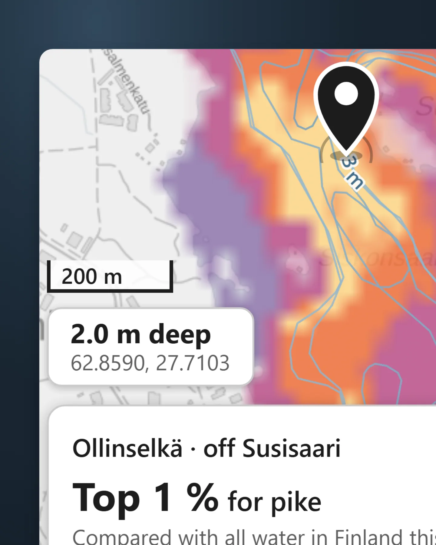 Close-up of the map: a black pin on a 3 m contour in orange and pale-gold water, a 200 m scale bar, a chip reading “2.0 m deep, 62.8590, 27.7103” and the start of a card reading “Top 1 % for pike”.