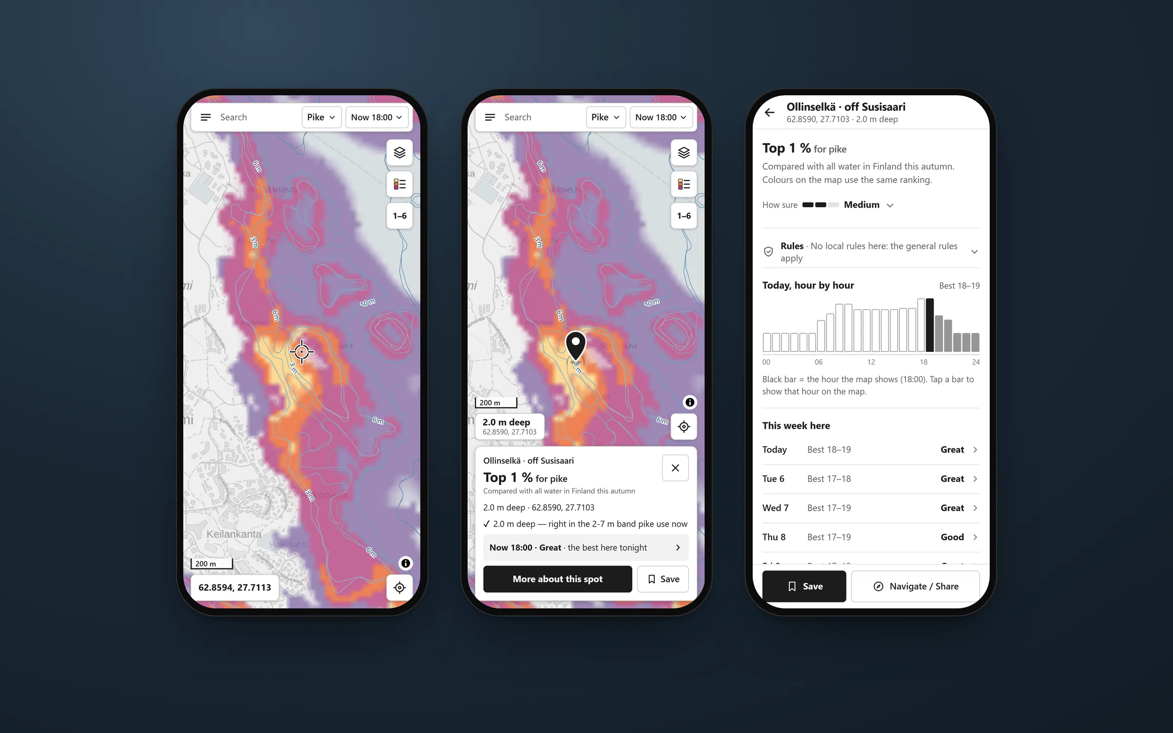 Three phones side by side on a lake-blue stage, following one person’s path: the map, a spot card, and the spot page.