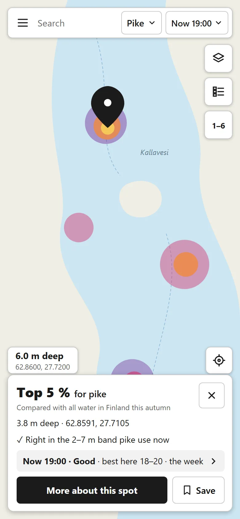 Plain wireframe of a tapped spot: a sketched lake with coloured circles, a pin, and a bottom card reading "Top 5 % for pike", one reason, a time row and the buttons "More about this spot" and Save.