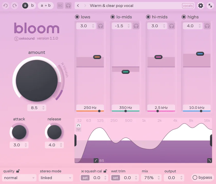bloom plug-in in rose pink: a large amount knob, four tone bands (lows, lo-mids, hi-mids, highs) with orange, green, pink and blue handles, and a processing graph below.