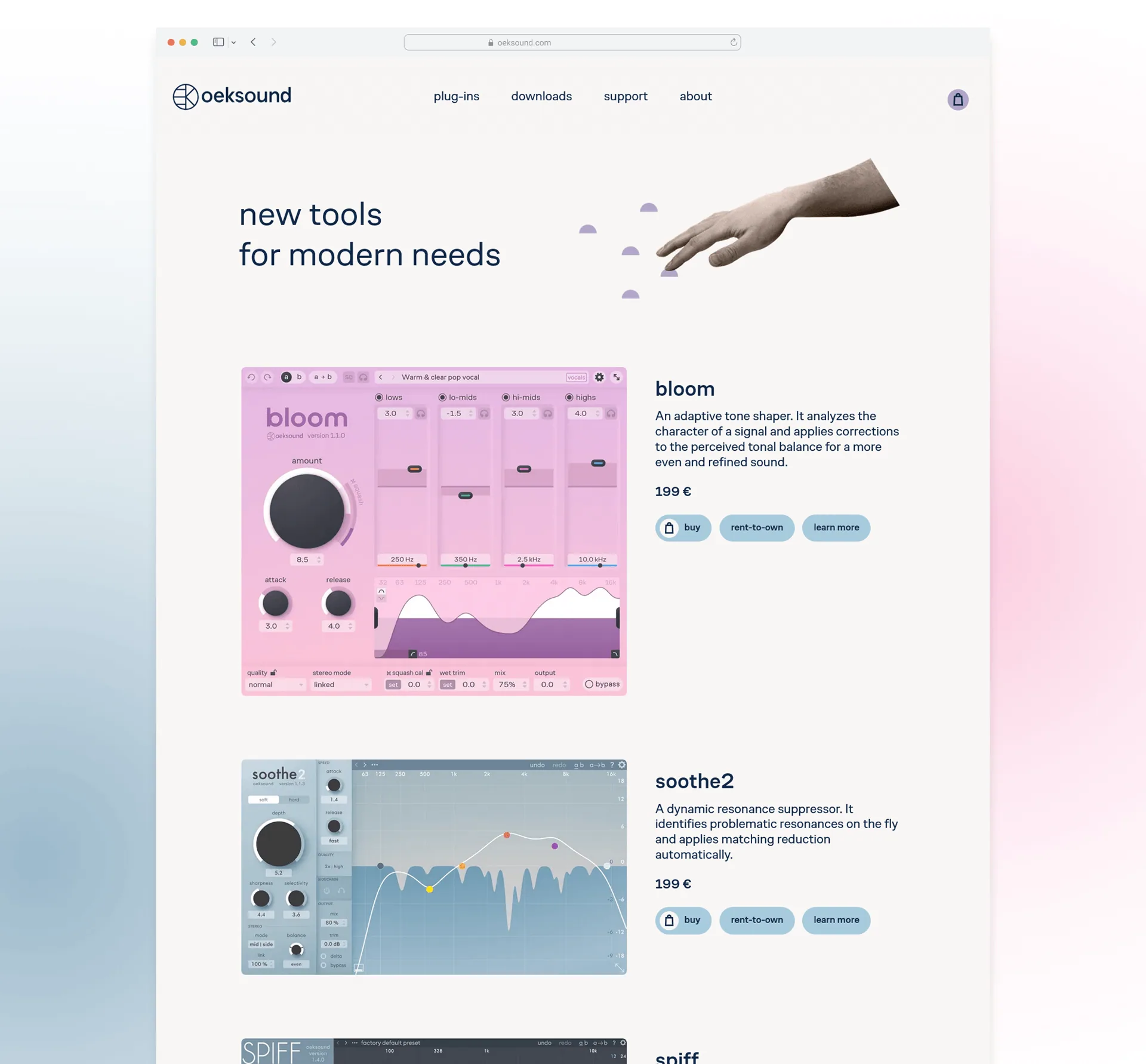 oeksound.com in a browser: the headline “new tools for modern needs”, then bloom and soothe2 shown as large interface screenshots, each with a short description and buy buttons.