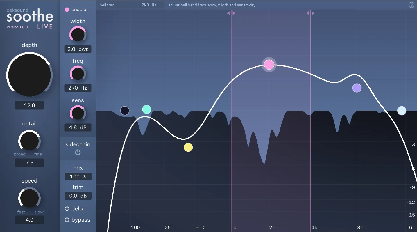 soothe live plug-in interface: depth, detail and speed knobs on the left, a pink-keyed band column, and a large frequency graph with coloured band nodes over a dark live spectrum.