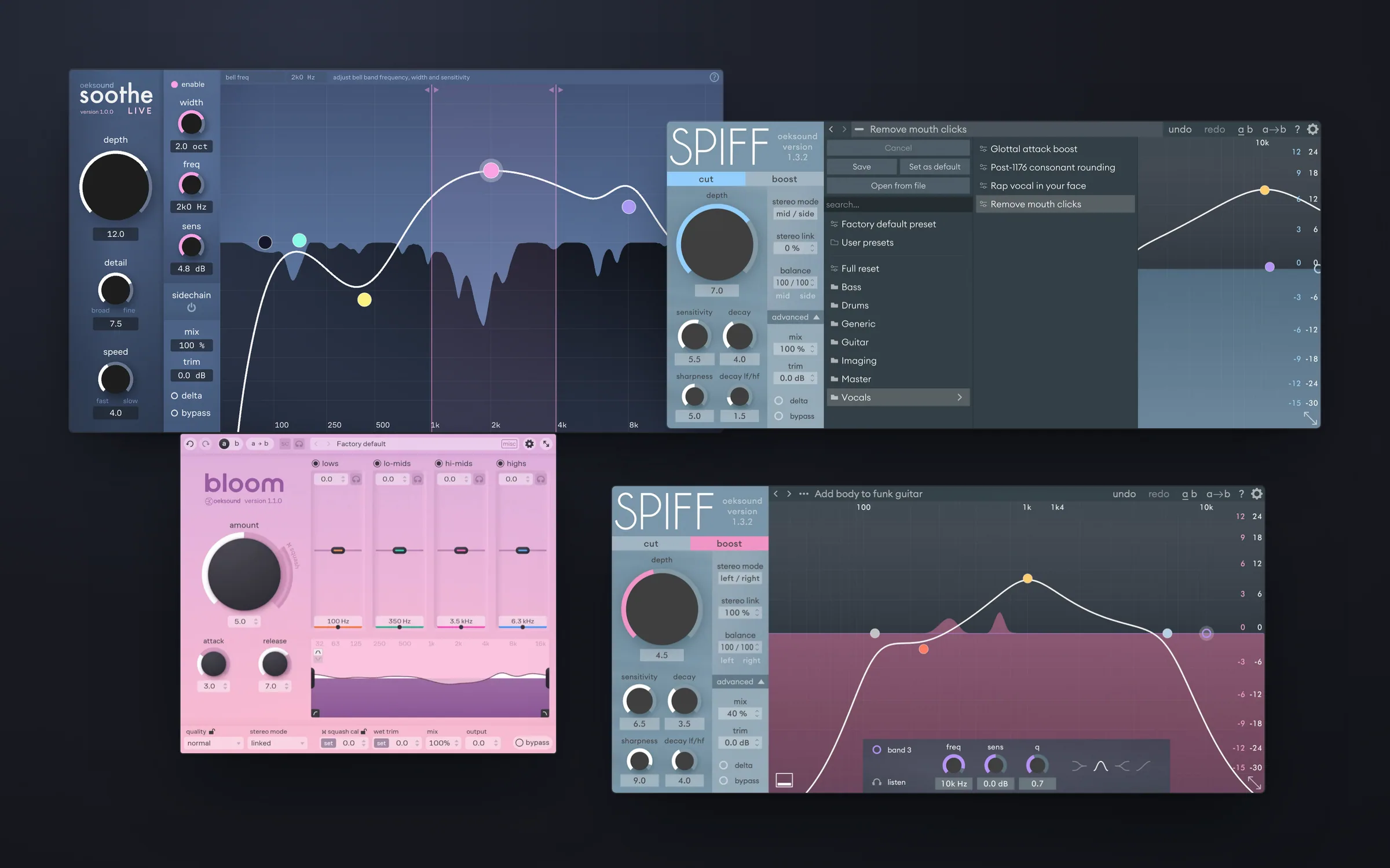 Four oeksound interfaces on one dark stage at the same scale: soothe live, spiff with its preset browser open, bloom in pink and spiff in boost mode. bloom and both spiff windows carry the same header with undo, redo, A/B and settings.