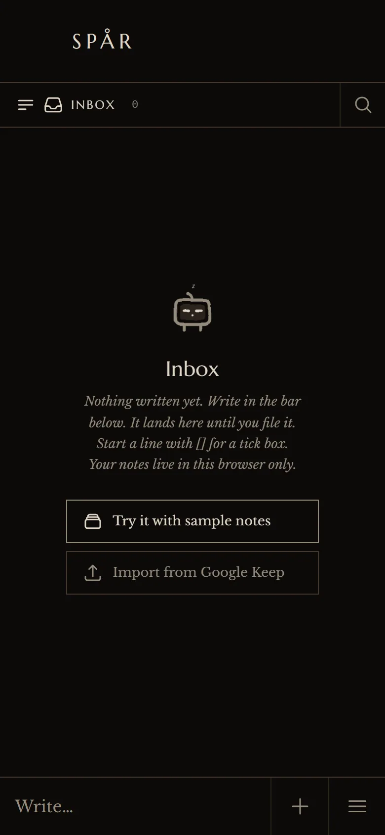 An empty Inbox on a phone: the small machine mascot asleep above the word Inbox, a short italic line explaining where notes land, and two outlined buttons, “Try it with sample notes” and “Import from Google Keep”.