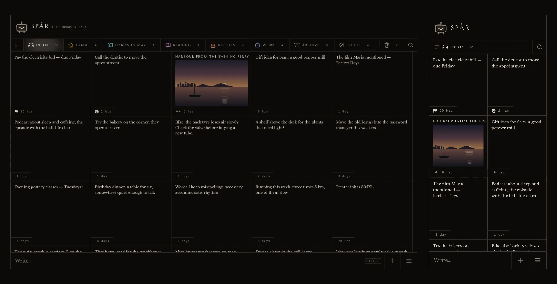 Spår on a desktop and a phone: the Inbox as a flush grid of short notes drawn with hairlines on a warm near-black ground, a row of folder tabs above and a single Write field along the bottom.