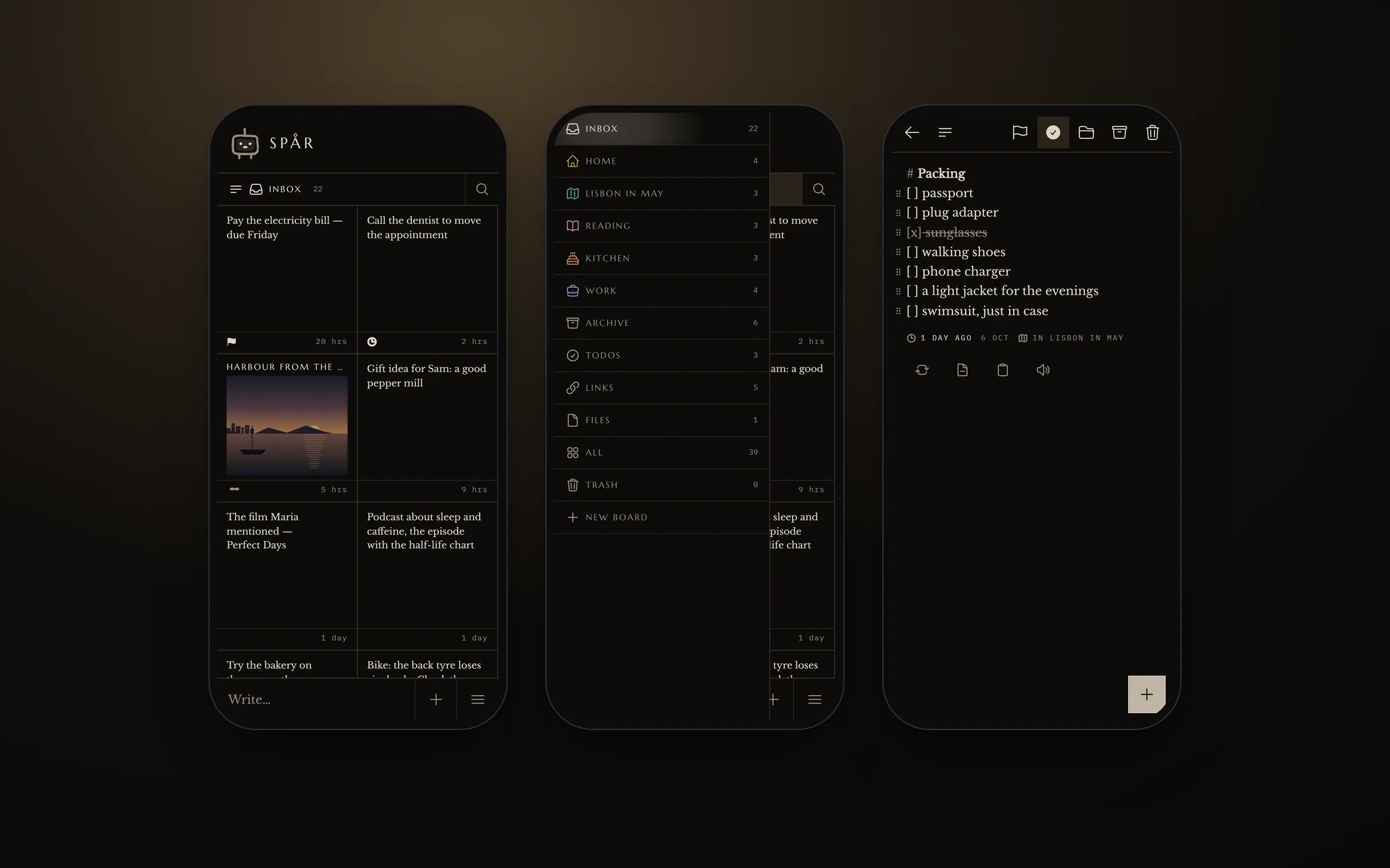 Three phones on a warm black stage: the Inbox, the boards drawer with folders, and a packing checklist note.