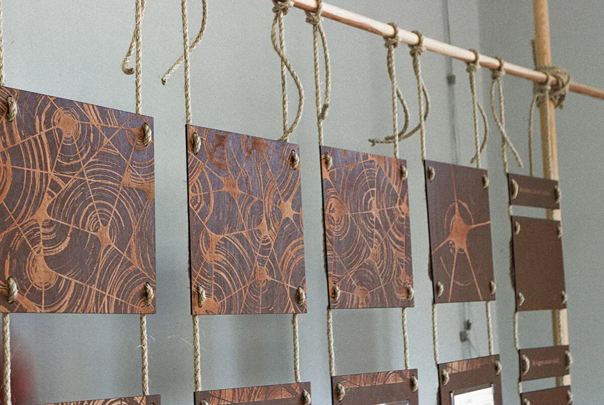 Close-up of engraved panels hanging from a wooden pole on knotted jute rope; the engraving overlays tree-ring circles with spider-web lines in copper on dark brown.