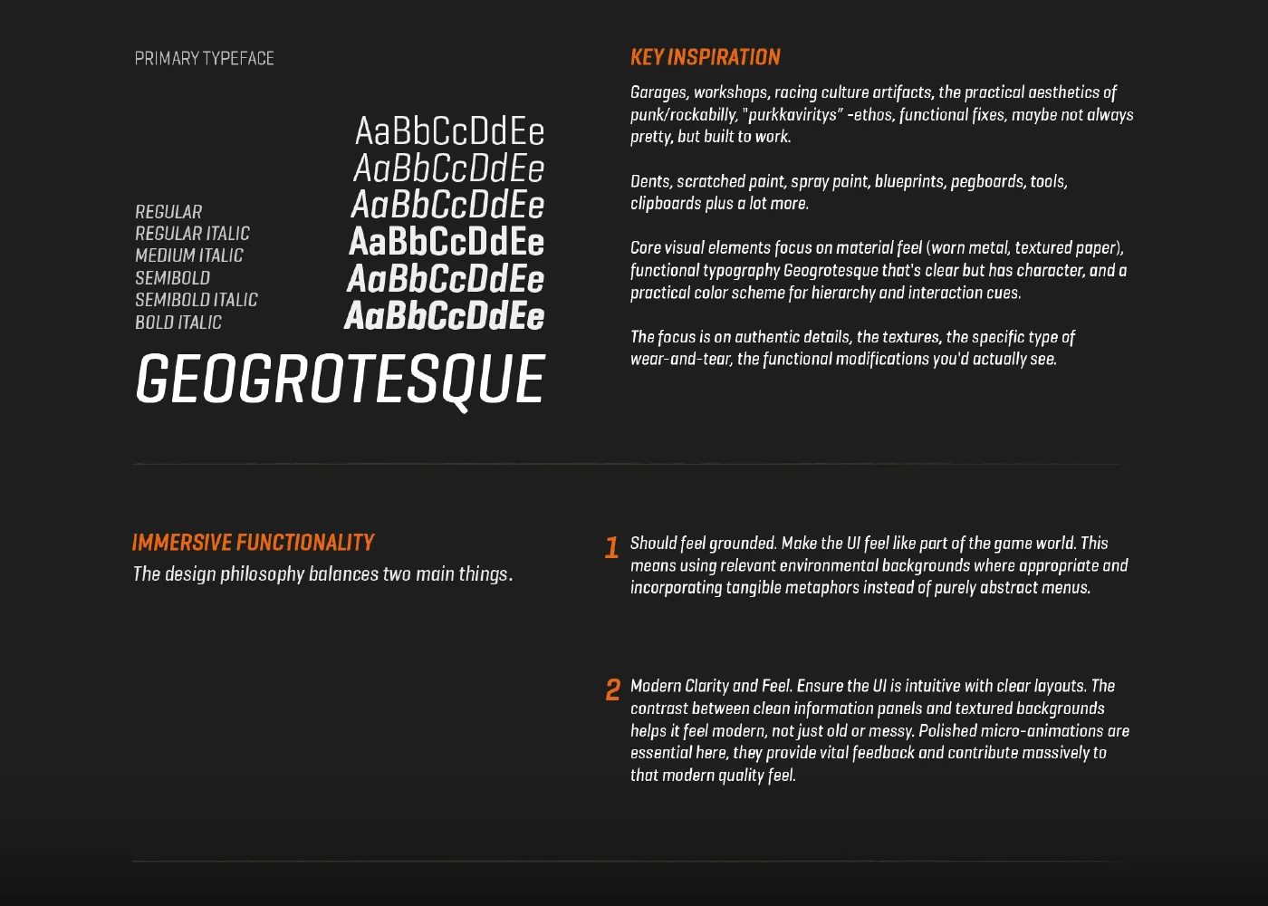 Presentation board on dark grey: Geogrotesque type specimen in six weights on the left, orange headings for key inspiration and immersive functionality on the right, with two numbered principles about grounded, tangible UI and modern clarity.