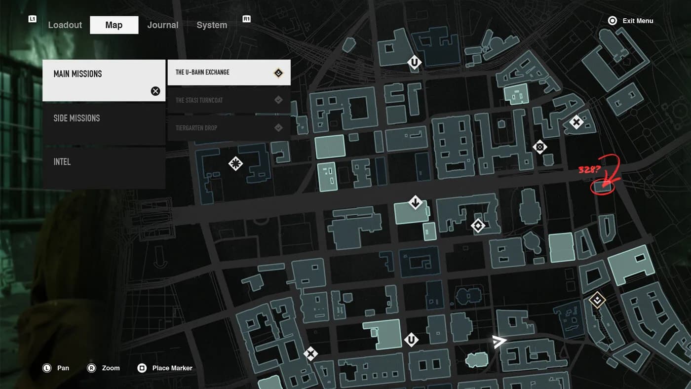 Map screen from the Doppelganger concept: a dark teal city map of Berlin blocks with mission icons, tabs for Loadout, Map, Journal and System, a mission list on the left, and a red hand-drawn circle with a question mark on one building.