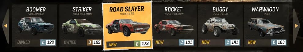 Garage car carousel: six car cards in a row, each with name, type, ownership label and class rating badge; the focused card, Road Slayer, is larger and orange.