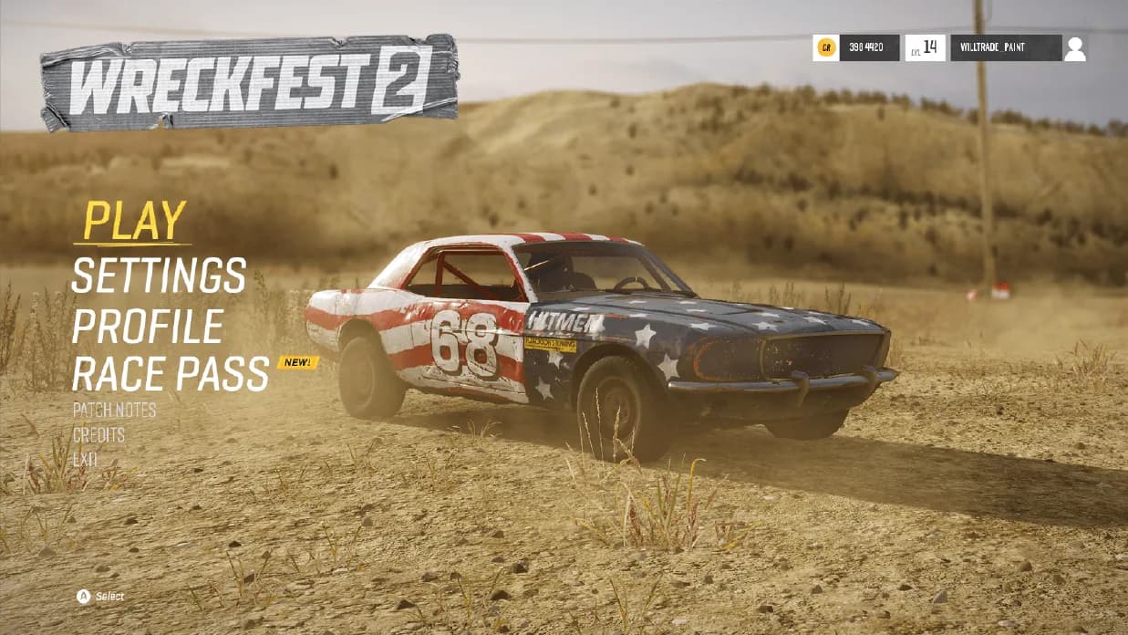 Main menu concept: the Wreckfest 2 logo on torn tape over a dusty field, a painted demolition car on dry grass, and a short menu of Play, Settings, Profile and Race Pass in large condensed italics.