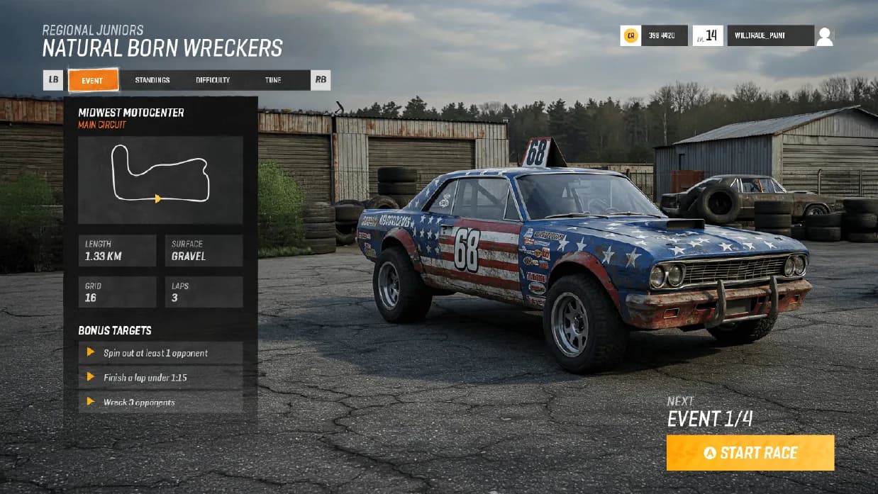 Pre-race screen concept: a rusty stars-and-stripes demolition car on cracked asphalt, an event panel on the left with track map, length, surface, grid, laps and bonus targets, and an orange Start race button bottom right.